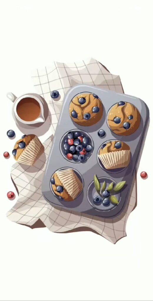 a muffin tin with blueberries and cupcakes