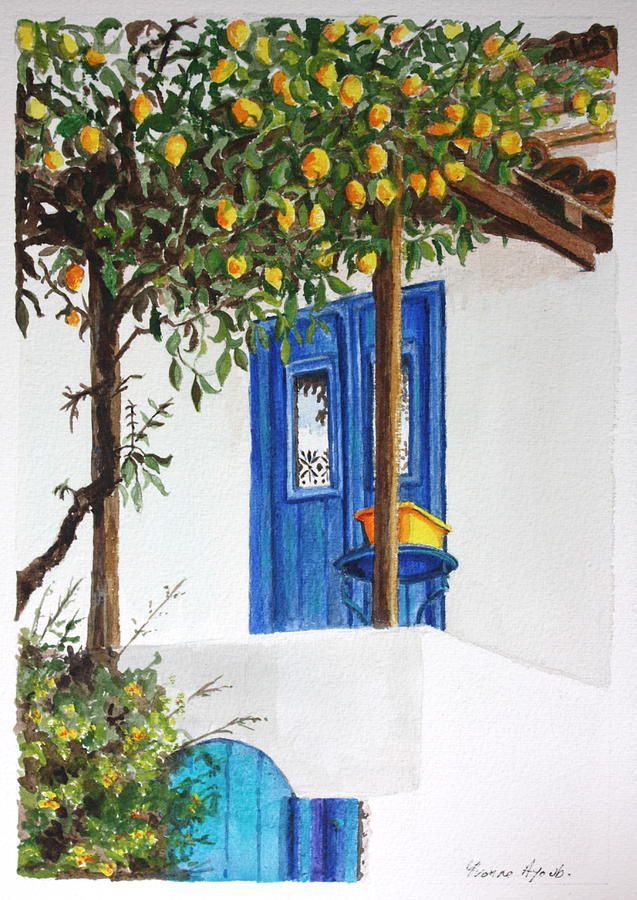 a painting of a house with a blue door and a blue door