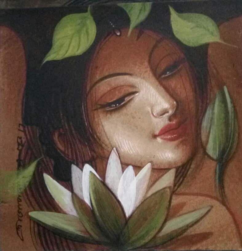 a painting of a woman with leaves around her head