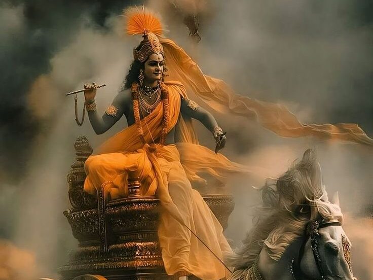 Shri Krishna with his divine weapon during the epic war of Mahabharata. Shrimad Bhagavad Gita