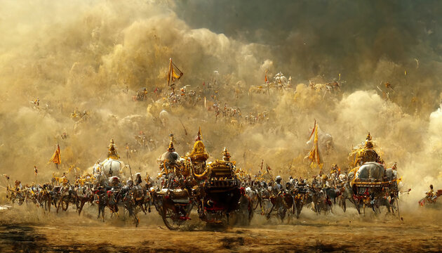 A scene depicted in Shrimad Bhagavad Gita about the army of Pandavas and Kauravas in the epic battle of Mahabharat.